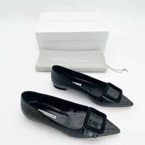Manolo Blahnik Black Croc Embossed Maysale Suede Buckle Pointed Toe Flats IT 37